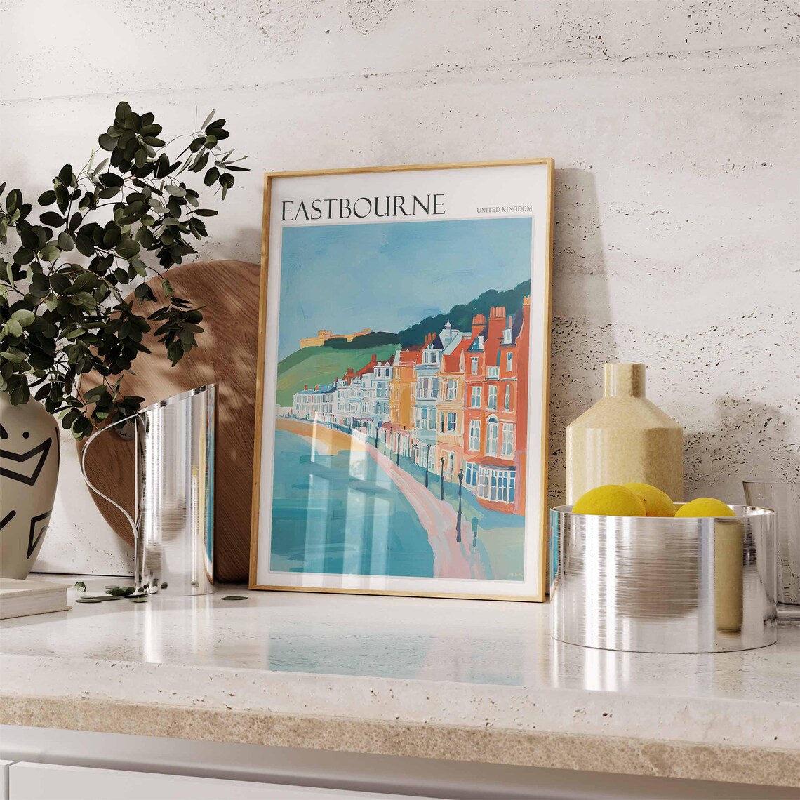 Eastbourne Seafront Terraced Houses Green Hills Painting Style Poster - Image 2