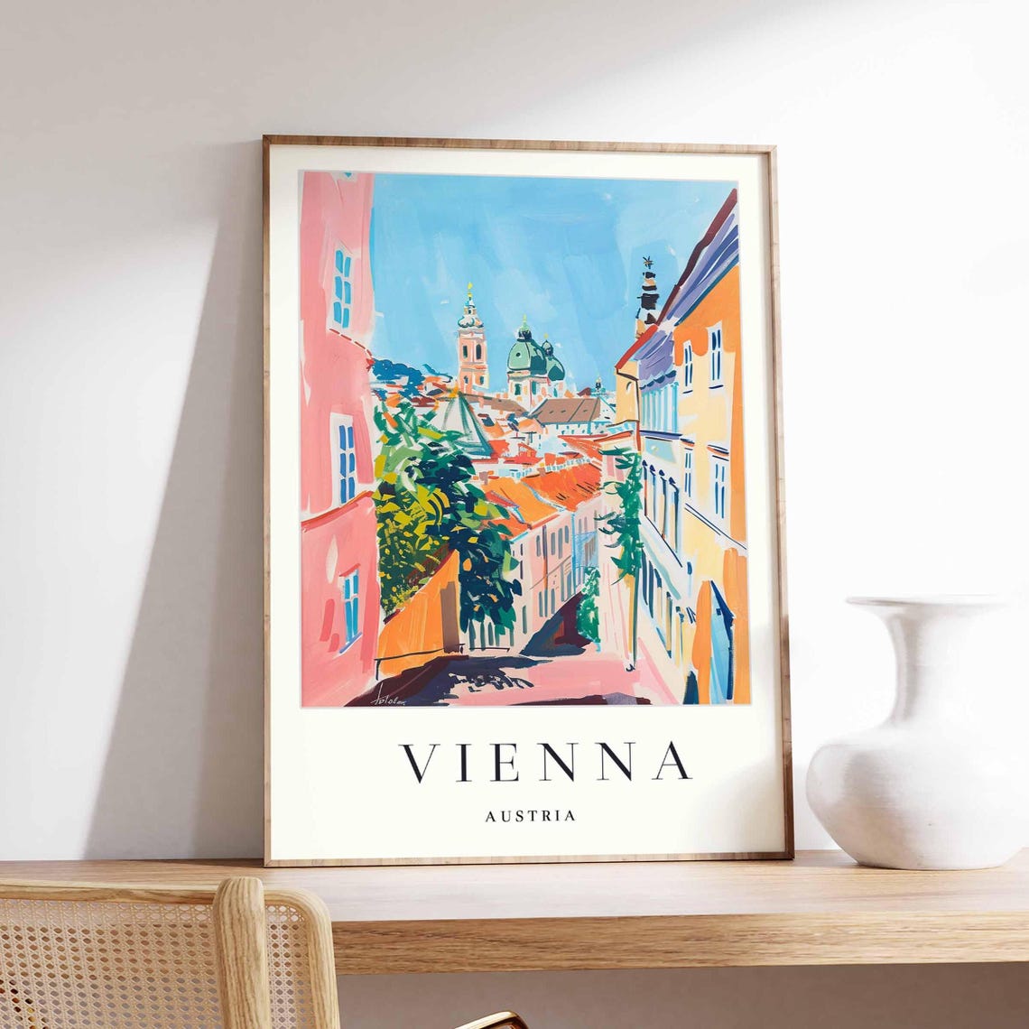 Vienna Austria Old Town Street Colorful Illustrated Travel Poster