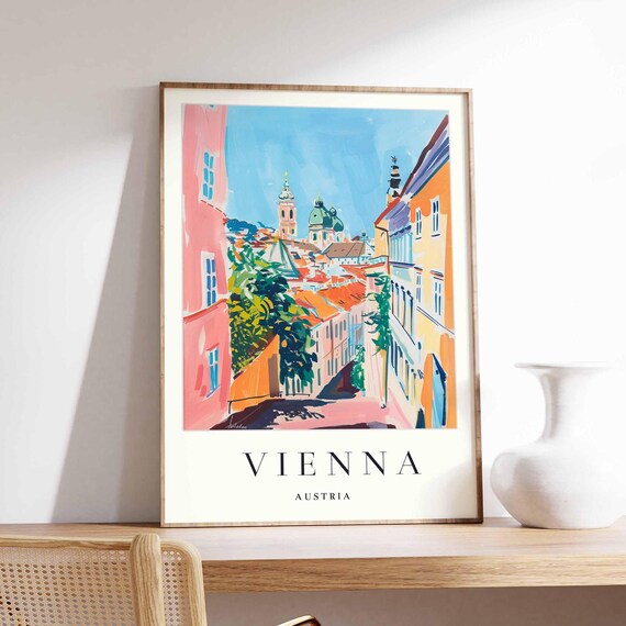 Vienna Austria Old Town Street Colorful Illustrated Travel Poster