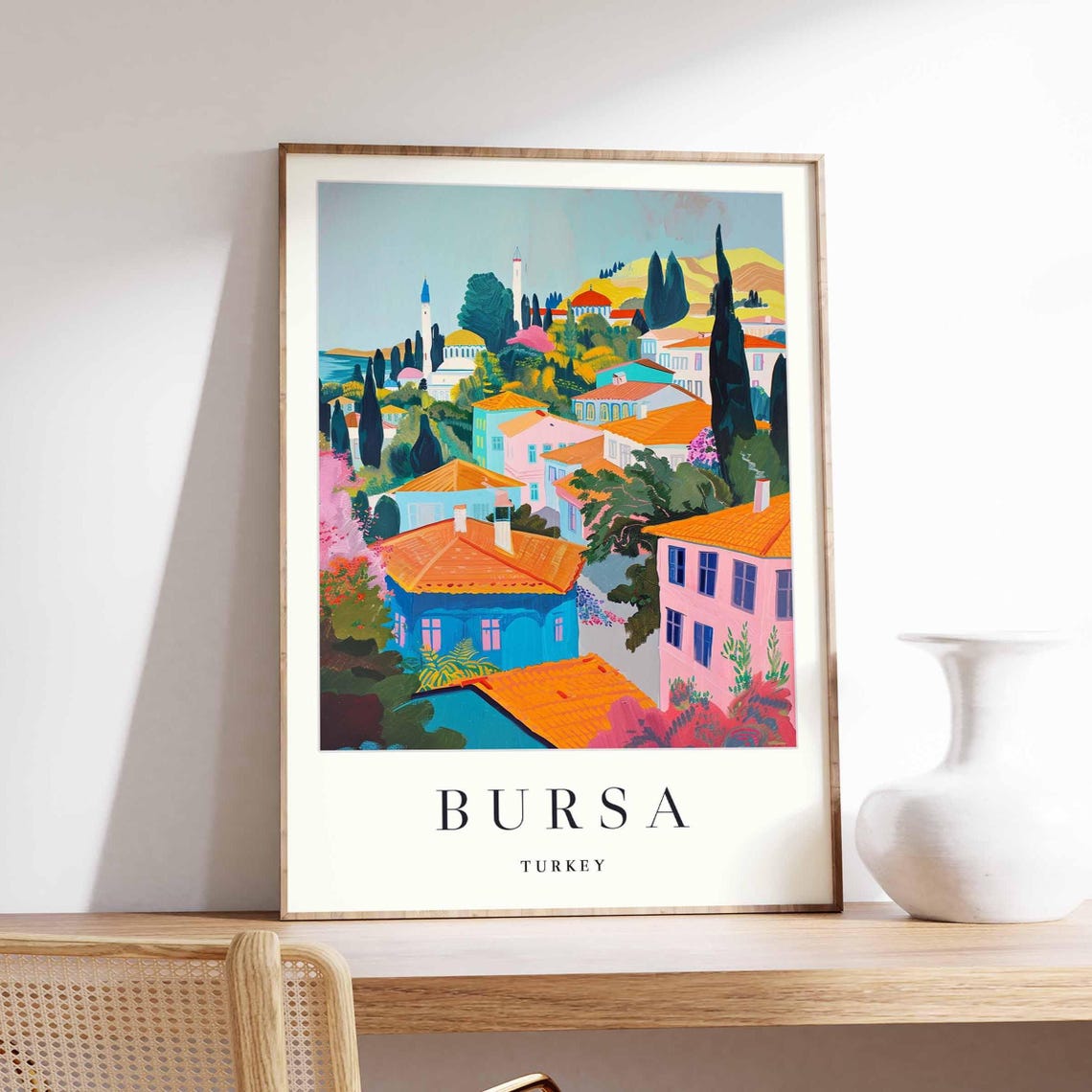 Vintage Bursa Turkey Ottoman Cityscape Illustration Travel Poster