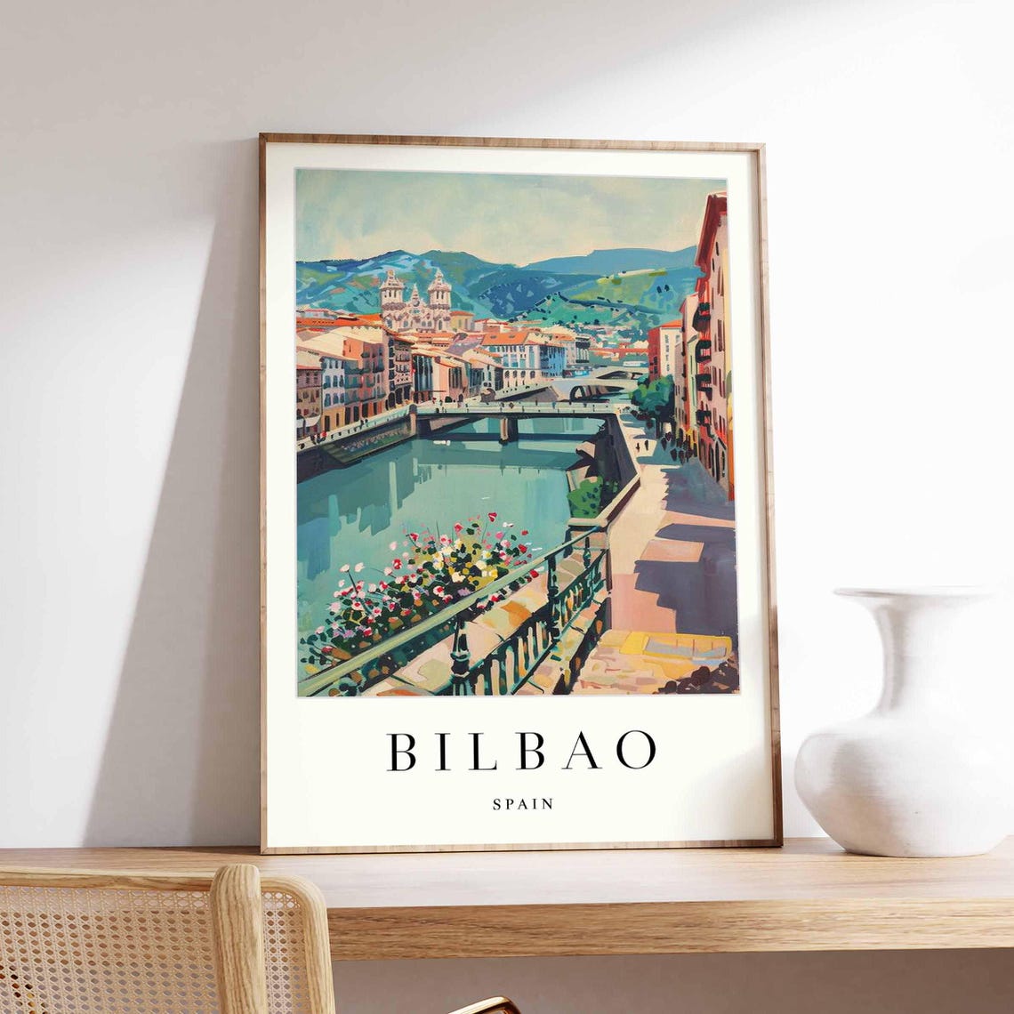 Bilbao Spain River Bridge Cathedral Flower Railing Travel Poster