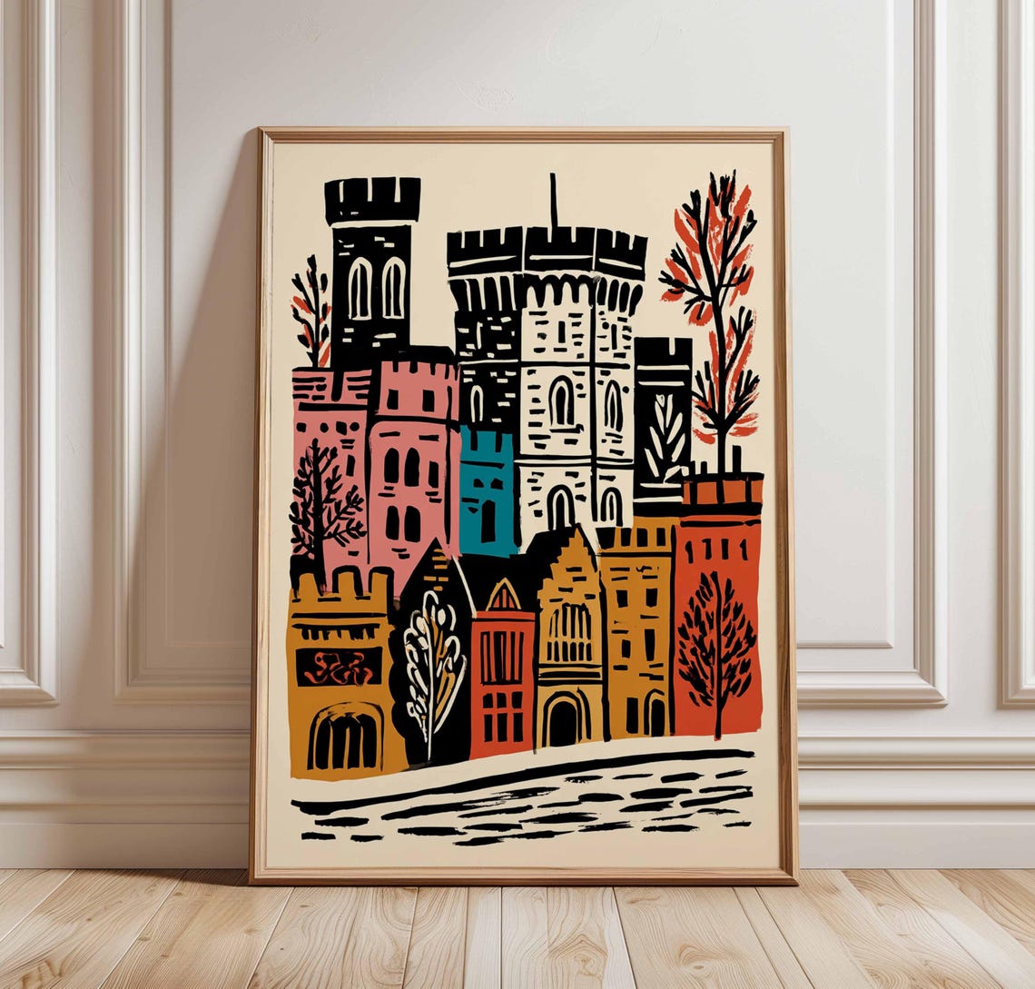 Windsor Castle Linocut Towers Bold Autumn Illustration Poster