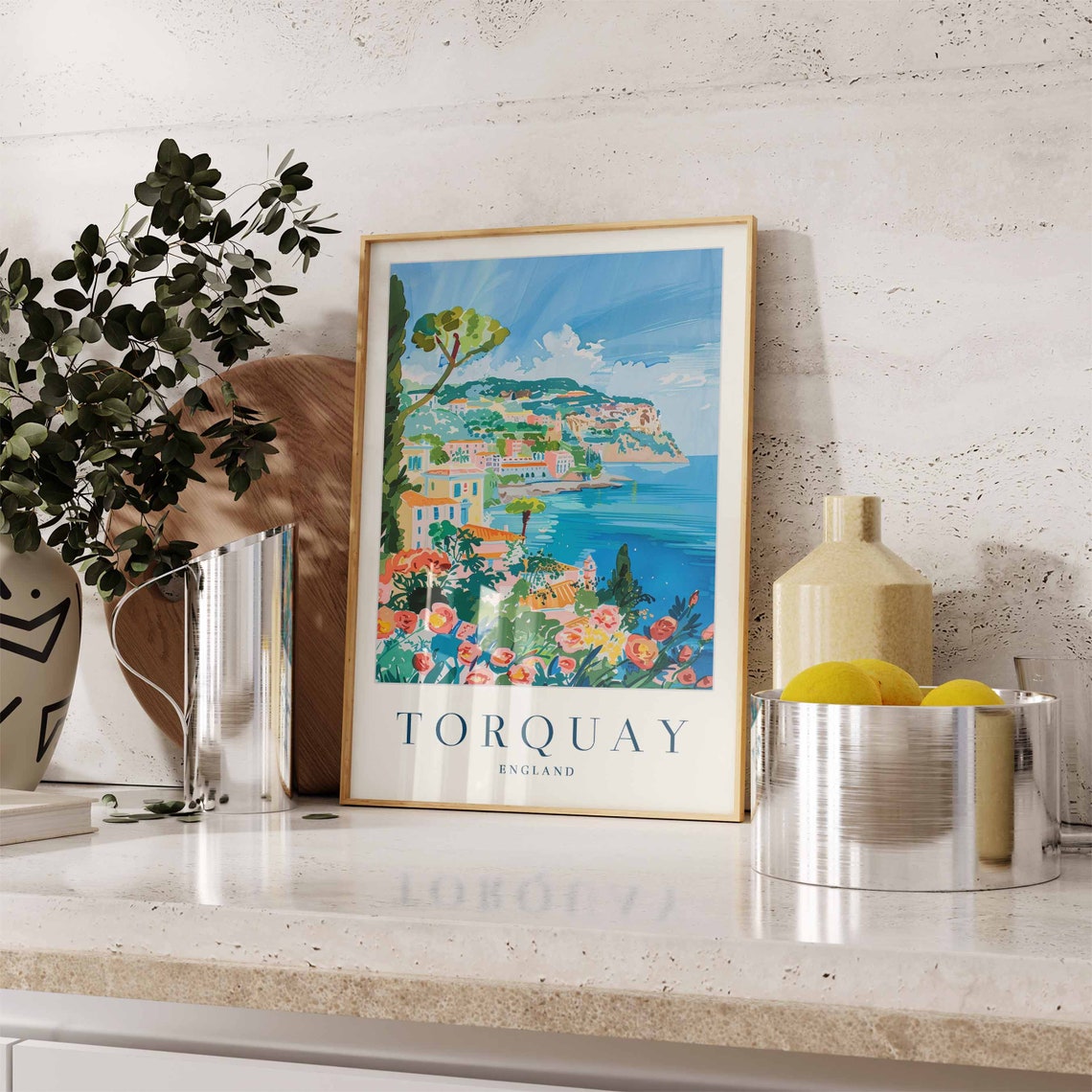 Torquay England Travel Poster Coastal Cliffs And Blooming Flowers - Image 3