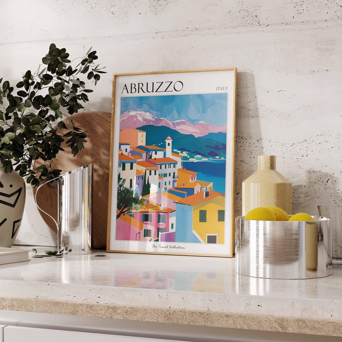 Abruzzo Italy Lakeside Village Pink Mountains Art Travel Poster - Image 2