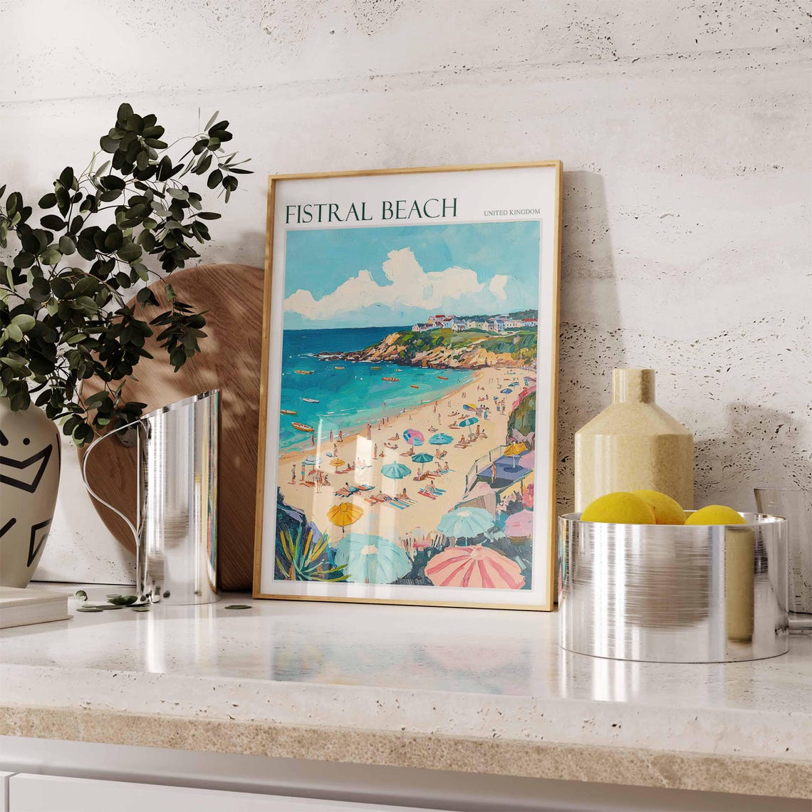 Fistral Beach United Kingdom Beach Umbrellas Cliff Art Poster - Image 2