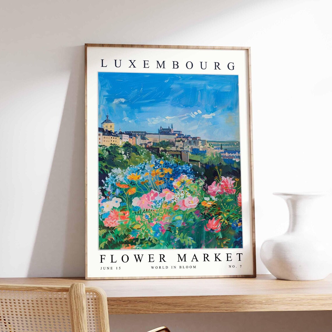 Luxembourg Flower Market Fortress Town Blue Sky Cosmos Art Poster