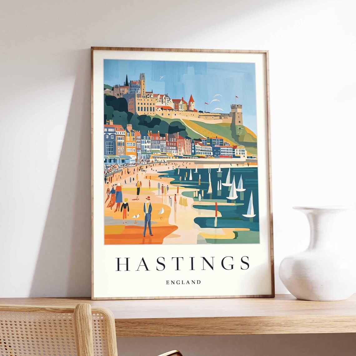 Hastings England Travel Beach Crowd Sailboats Hill Town Poster