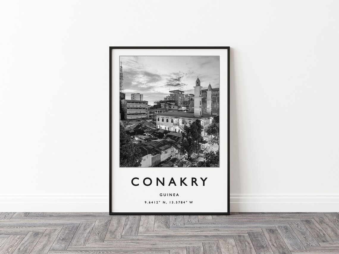 Conakry Guinea Black White Cityscape Mosque Photo Travel Poster - Image 2