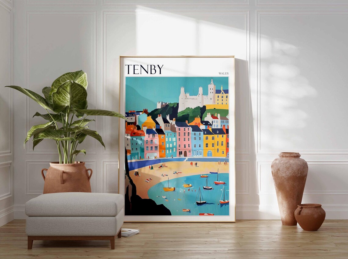 Tenby Wales Colorful Harbor Town Castle Beach Seaside Poster - Image 3