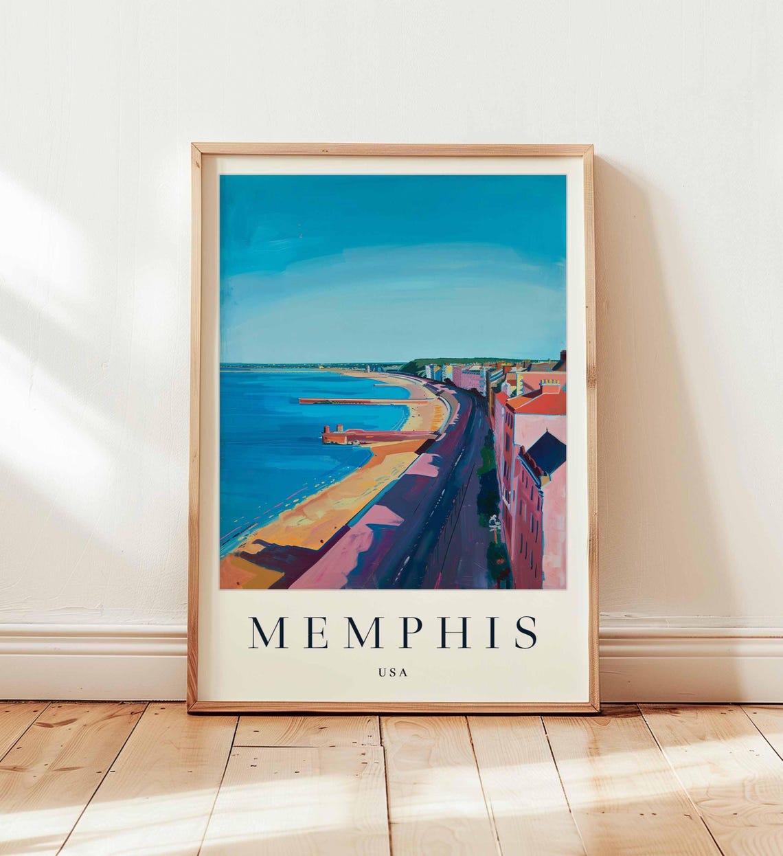 Memphis Tennessee Curving Beach With Pier And Red Brick Poster