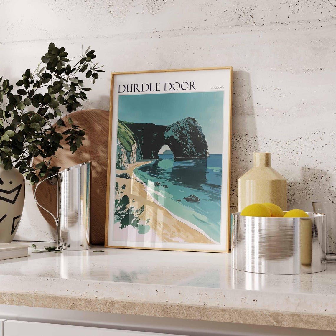 Durdle Door England Retro Stone Arch Teal Beach Illustration Poster - Image 2