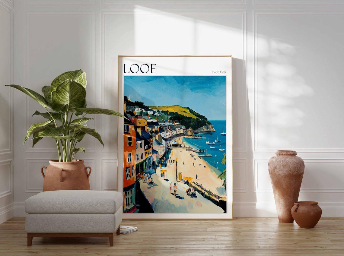 Looe England Beach Promenade Bustling Shorefront Curving Bay Poster - Image 3