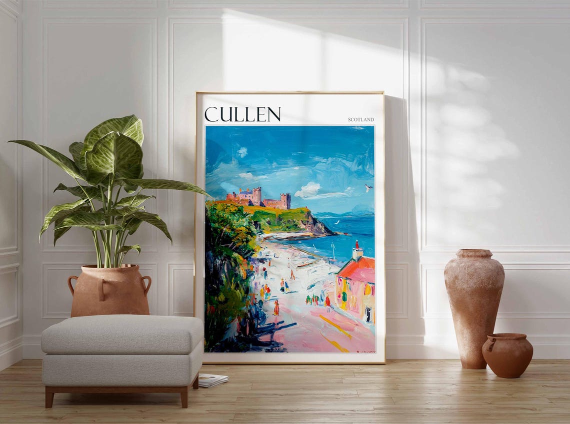 Cullen Scotland Busy Beach with Castle on the Headland Poster - Image 3