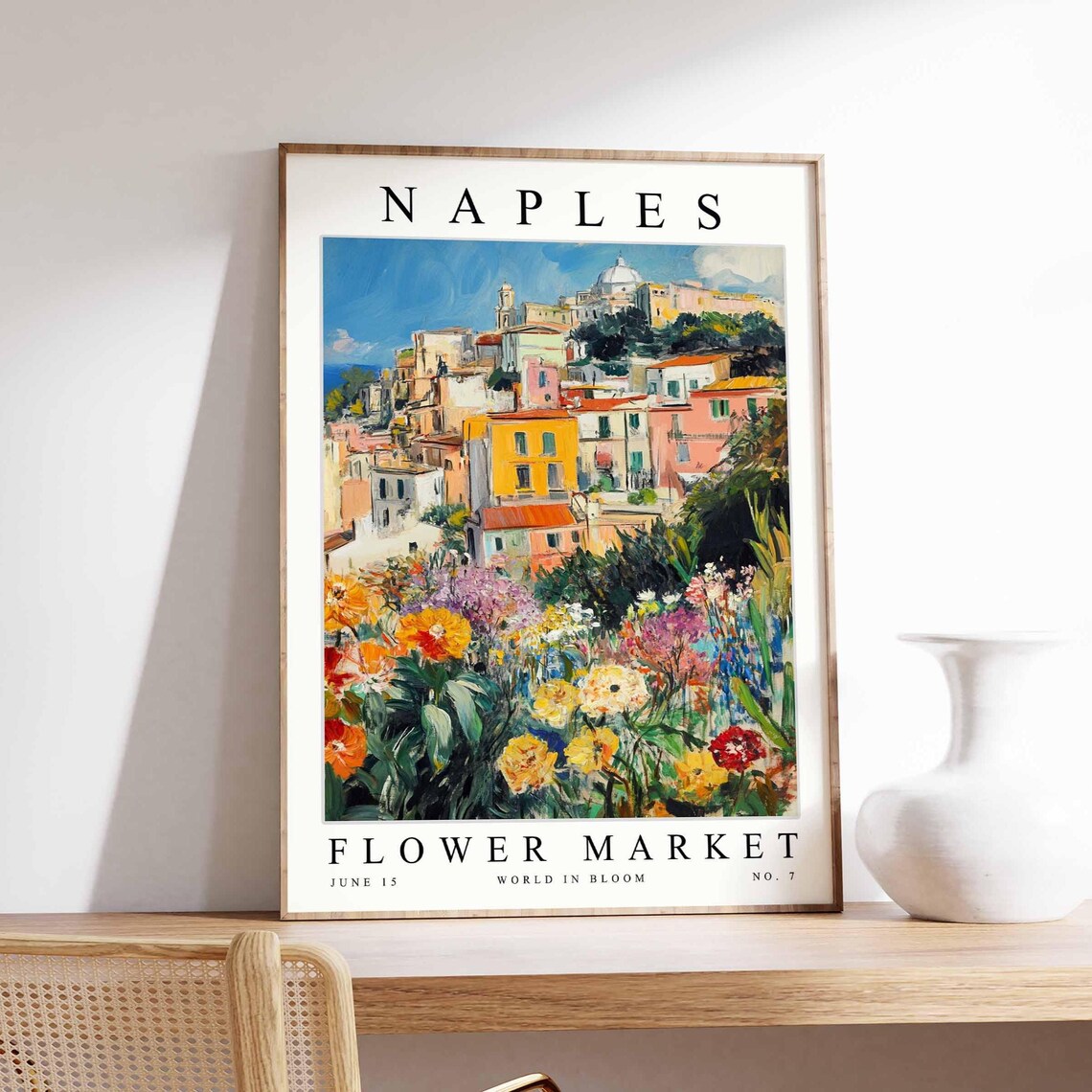 Naples Flower Market Golden Field Hillside Village Art Poster