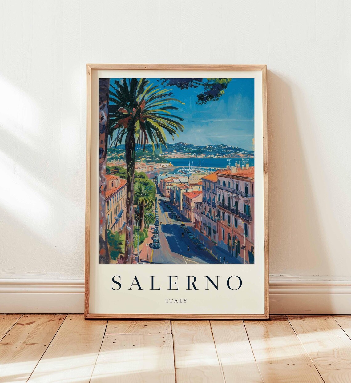 Salerno Palm Lined Street Running Down To The Harbor Italy Poster