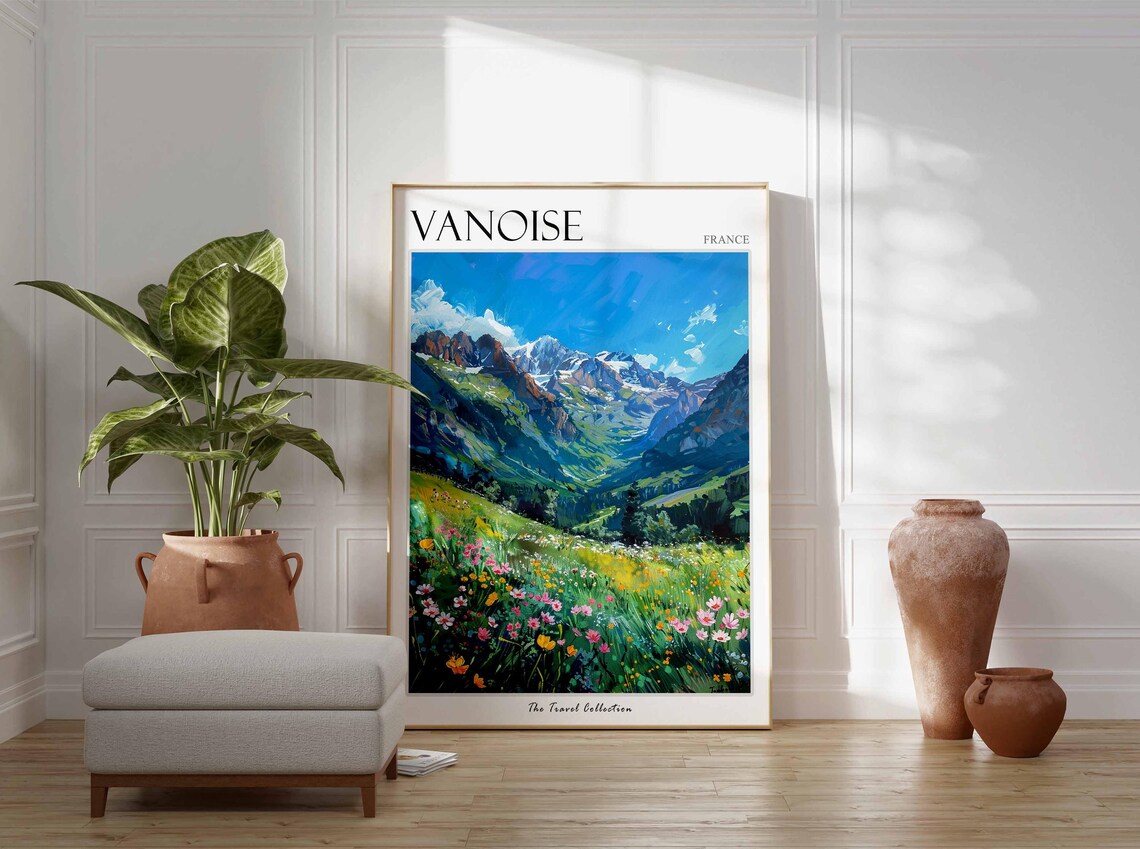 Vanoise France Snowy Peaks Meadow Flowers Painting Travel Poster - Image 3