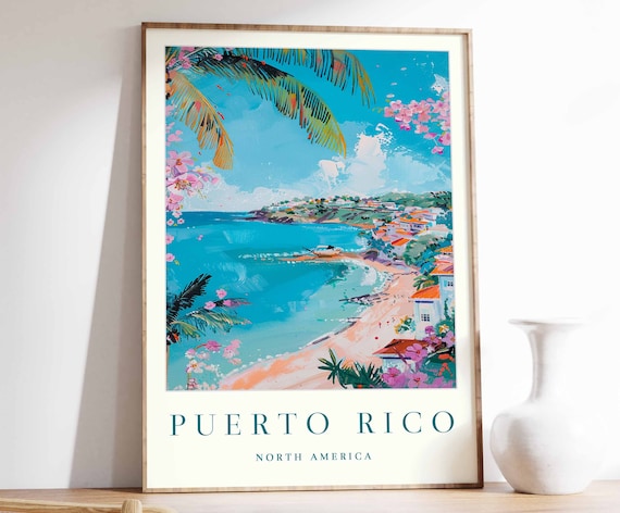 Puerto Rico Travel Poster, Tropical Beach Coastal Art
