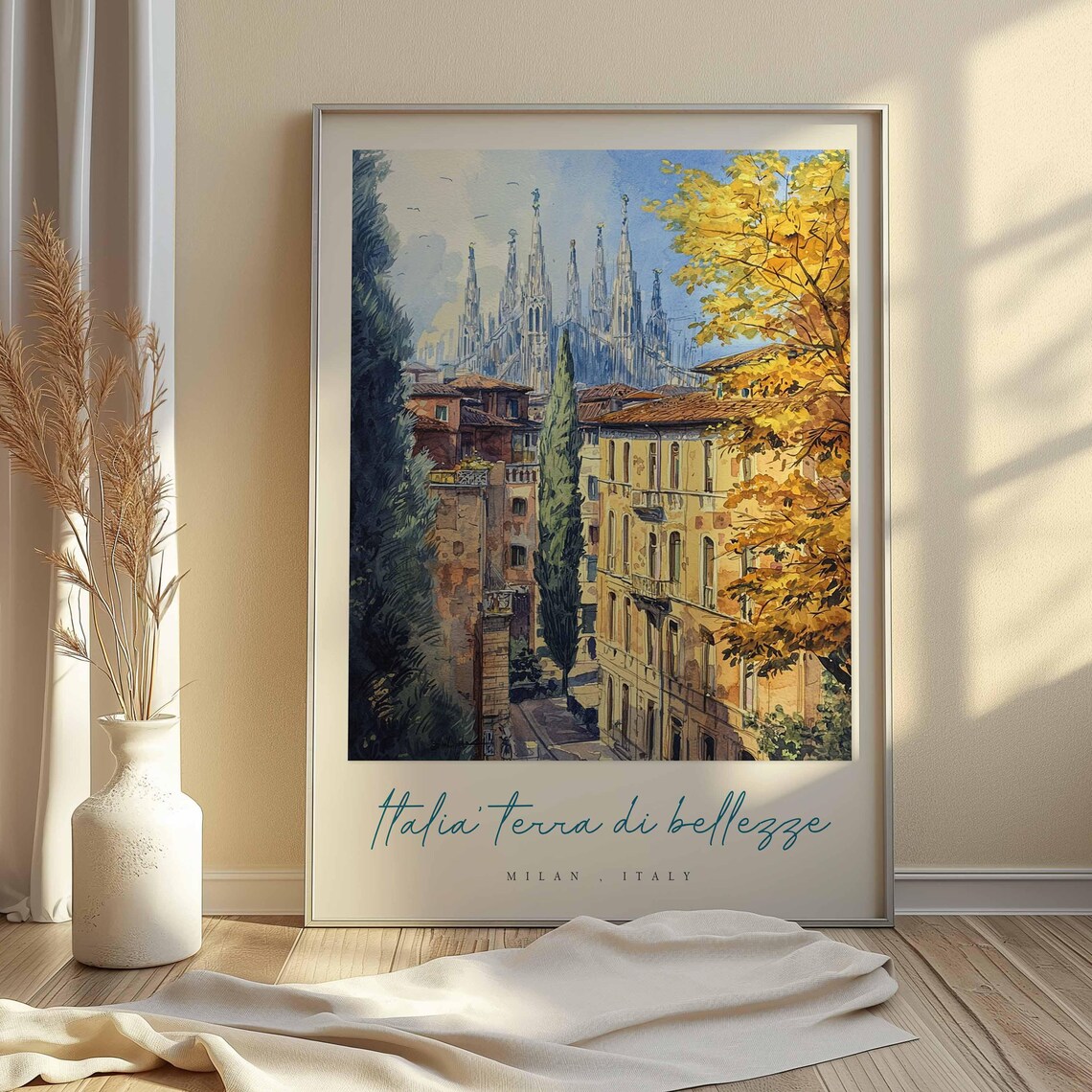 Milan Duomo Spires Autumn Cypress Watercolor Italy Travel Poster - Image 2