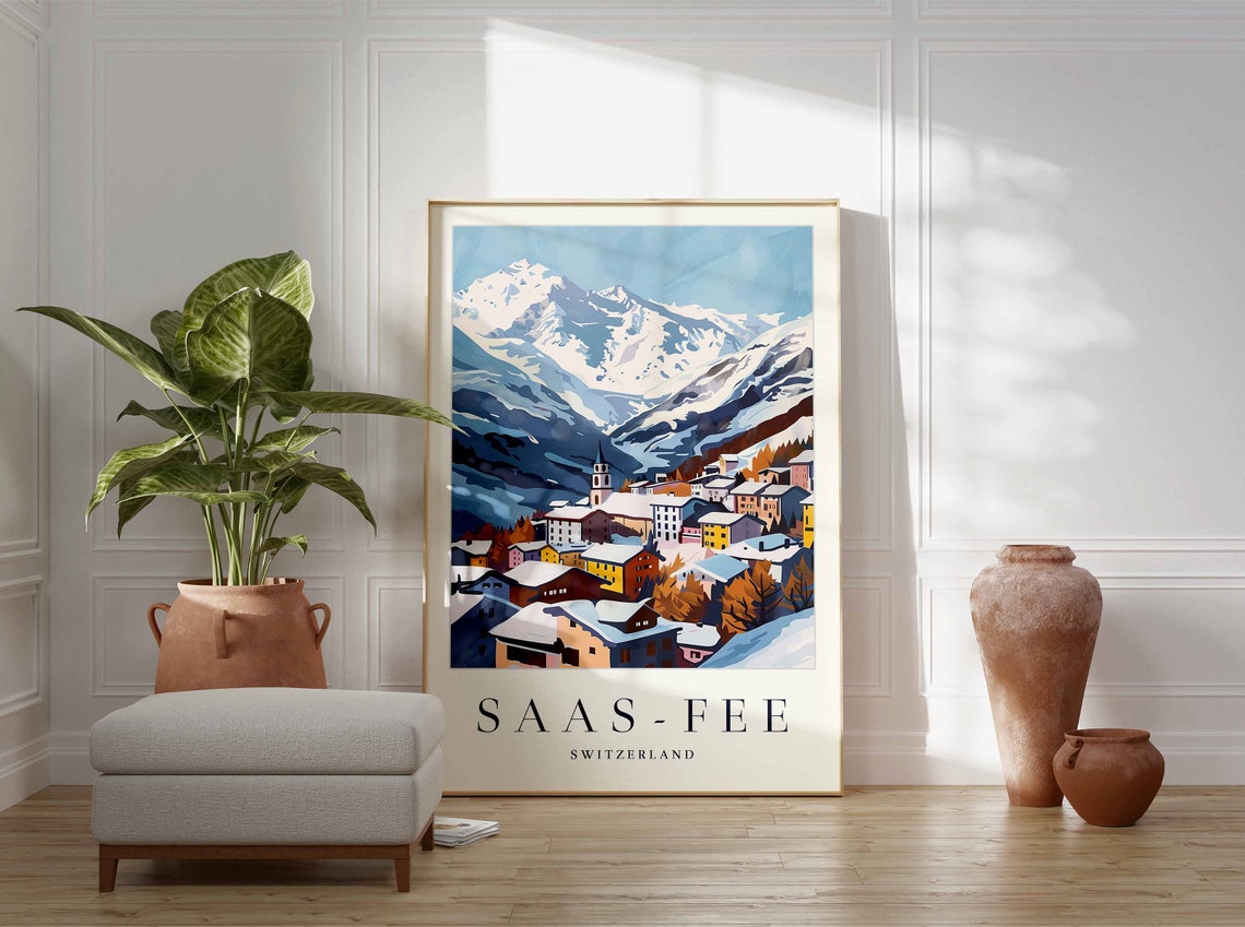 Saas Fee Switzerland Colourful Village Snowy Peaks Alpine View Poster - Image 3