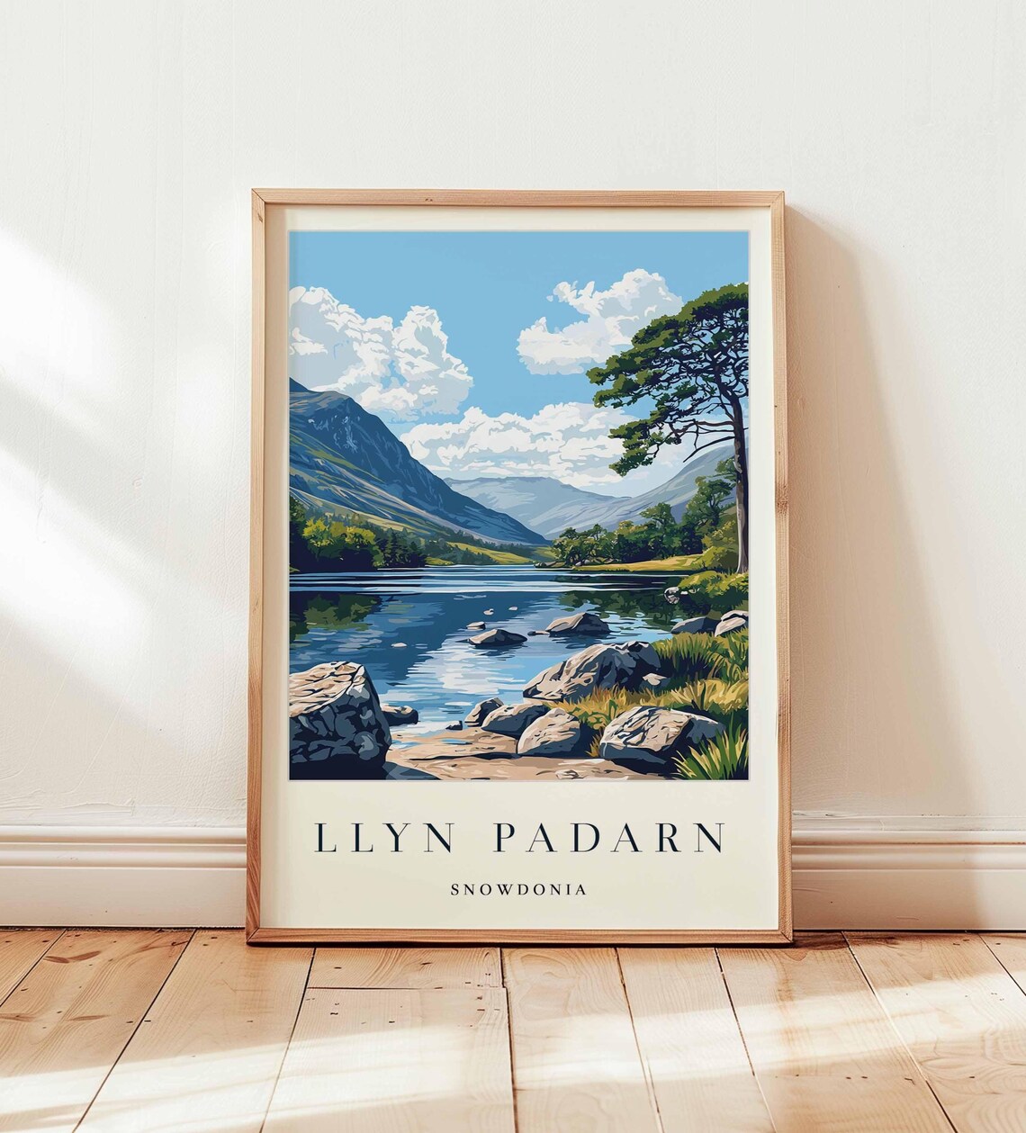 Llyn Padarn Snowdonia Sunny Lakeshore Pine Tree Rocks Travel Poster