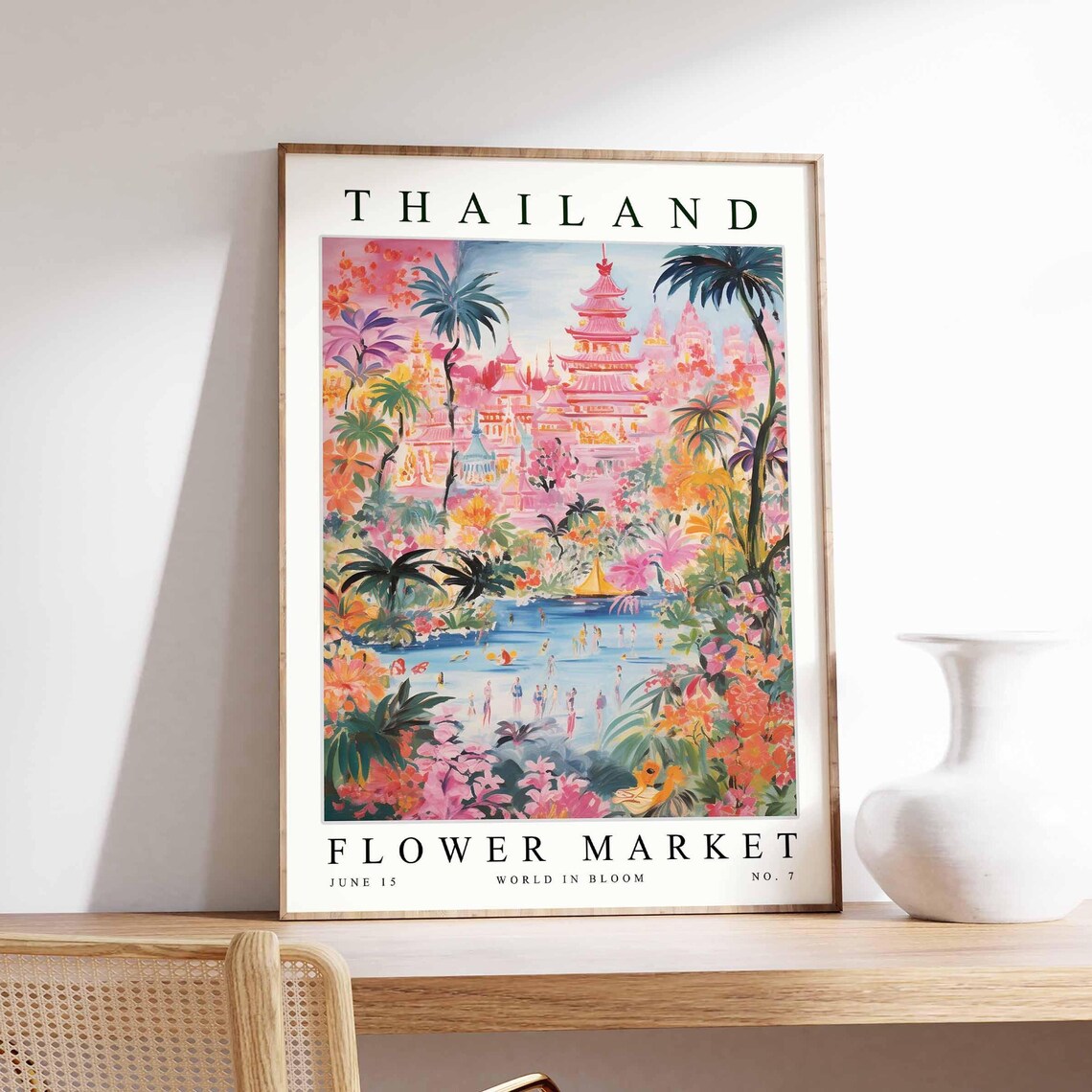 Thailand Flower Market Pink Garden Pagoda Lake Romantic Bloom Poster