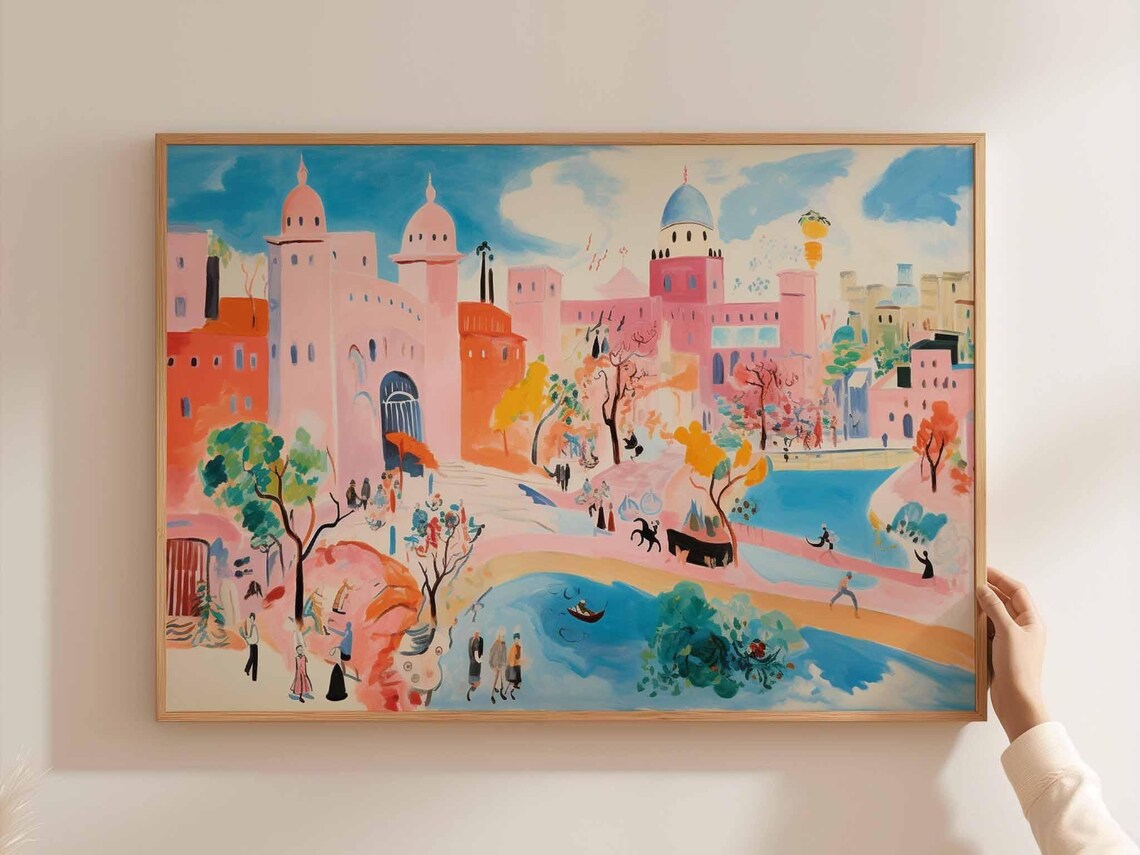Baghdad Iraq Pink Cityscape Painting Poster Riverside Folk Art Decor