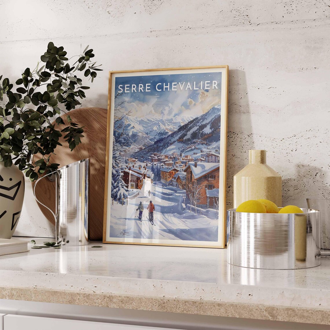 Serre Chevalier France Two Skiers Heading To Village Snowy Peaks Poster - Image 2