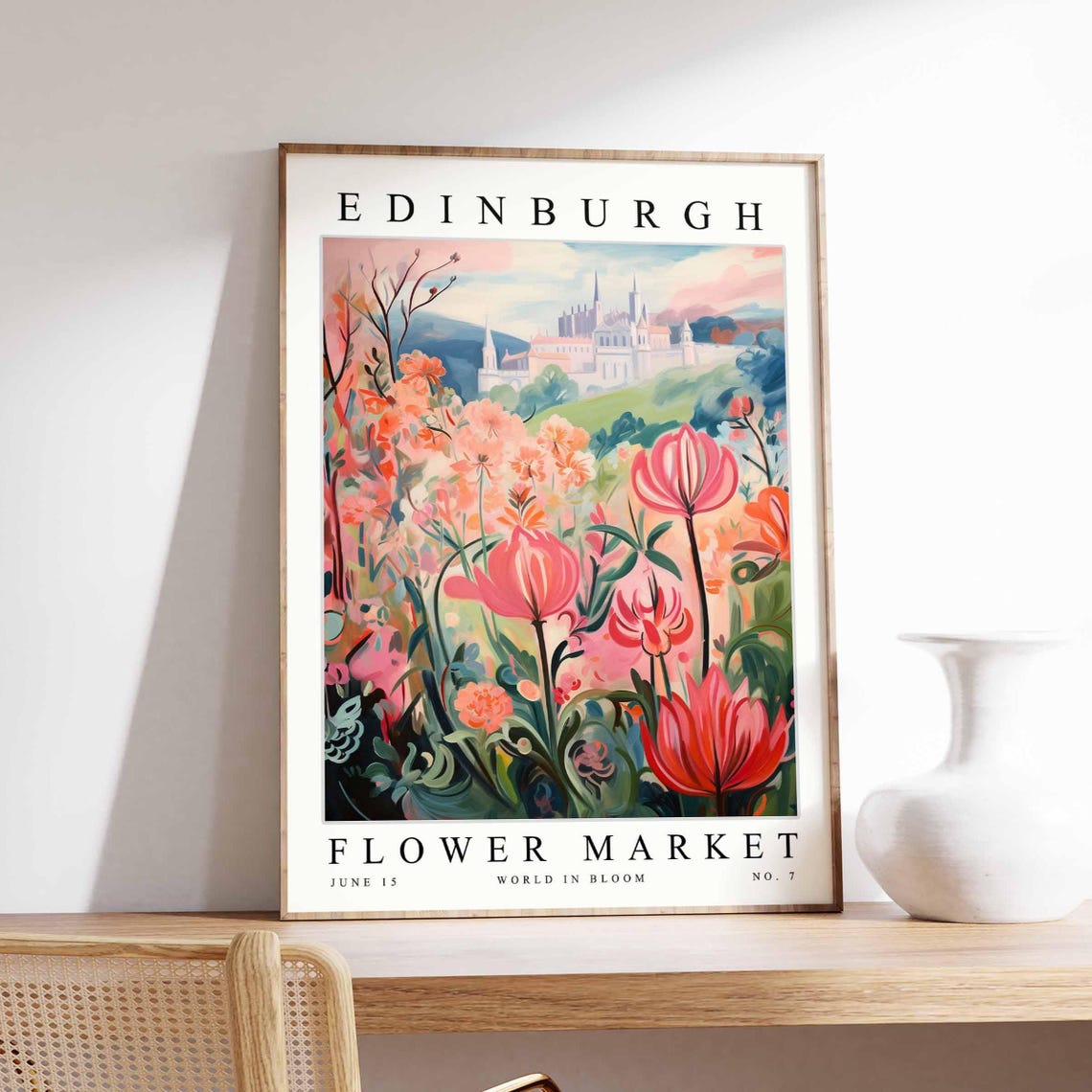 Edinburgh Flower Market Sunset Cityscape Orange Poppy Bloom Poster