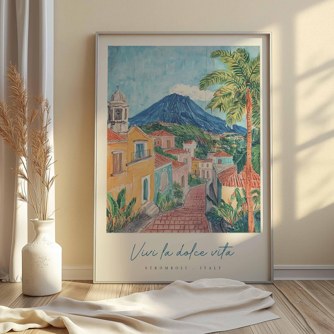 Stromboli Italy Travel Poster Volcano Over Island Village Street - Image 2