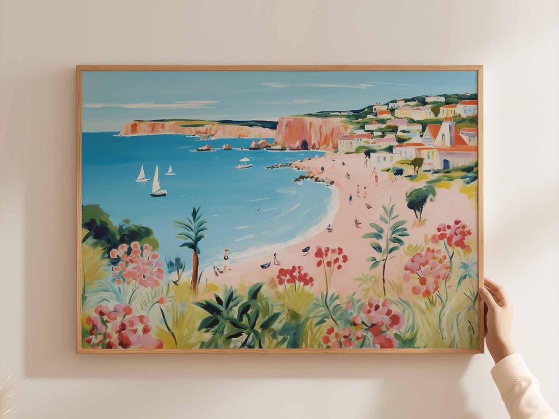 Sunny Beach Cove Red Cliffs Sailboats Blooming Coastal View Poster