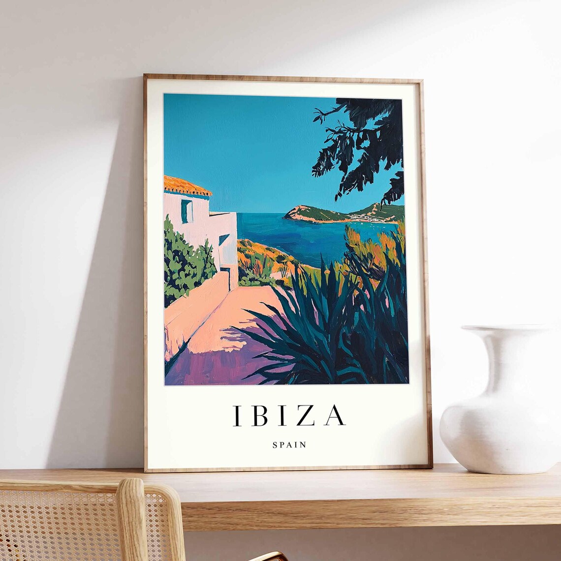 Ibiza Spain Pink House Terrace Blue Sea Island Headland Poster