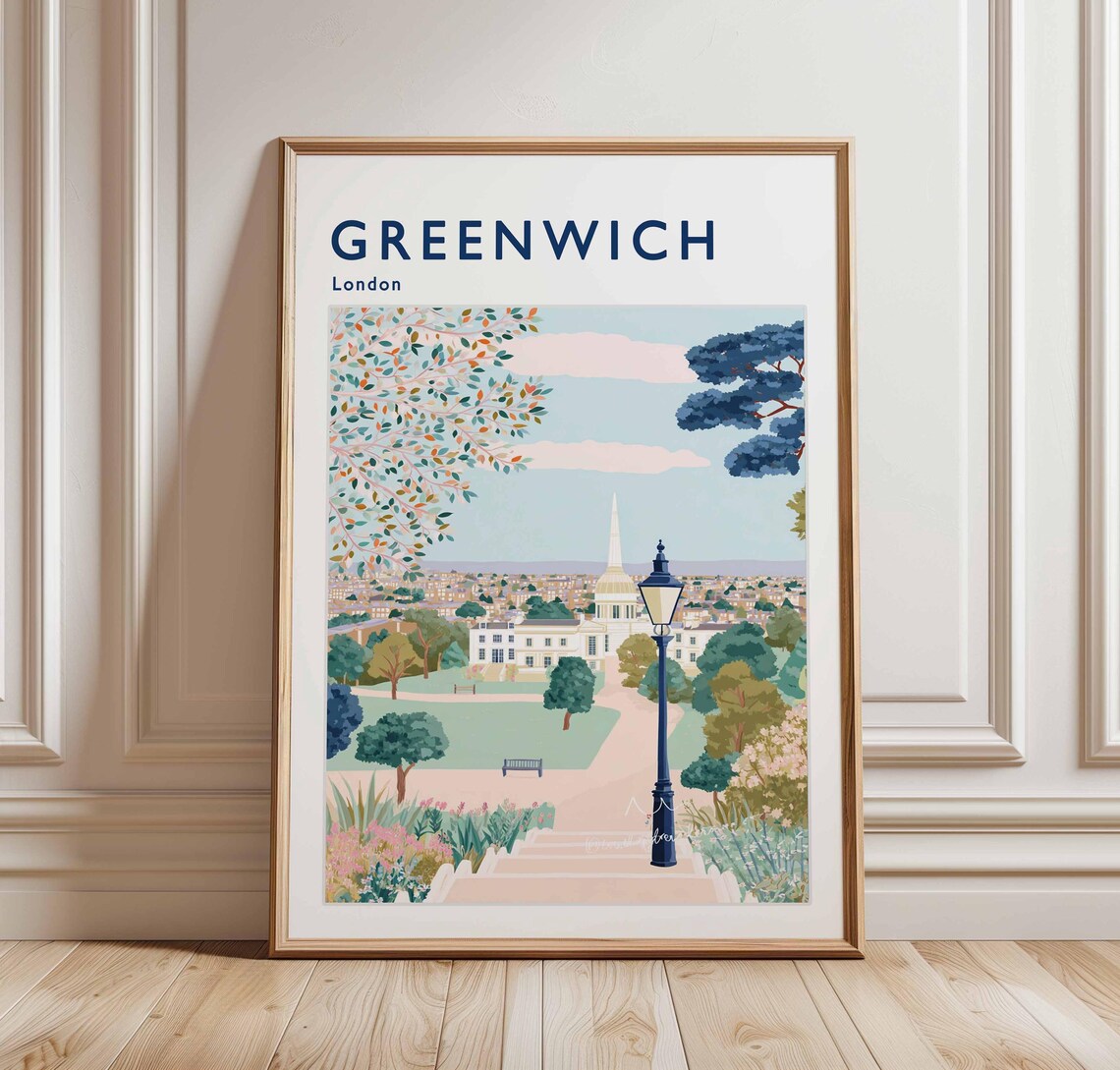 Greenwich London Autumn Garden Lamppost Church Spire Travel Poster