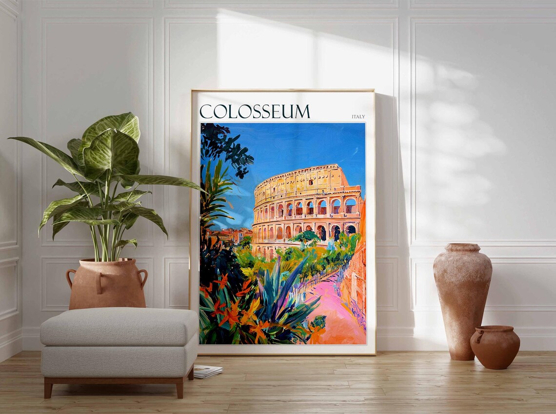 Colosseum Italy Rome Bird Of Paradise Flowers Pink Path Travel Poster - Image 2
