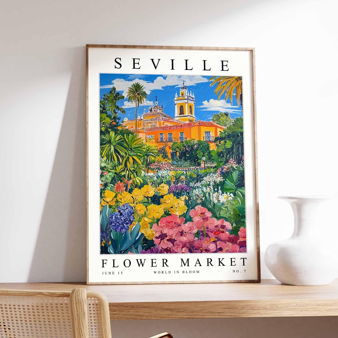 Seville Flower Market Poster Bell Tower Yellow Pink Wildflower Artwork
