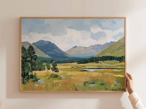 Cairngorms Valley Meadow Pines Loch Summer Landscape Painting Poster