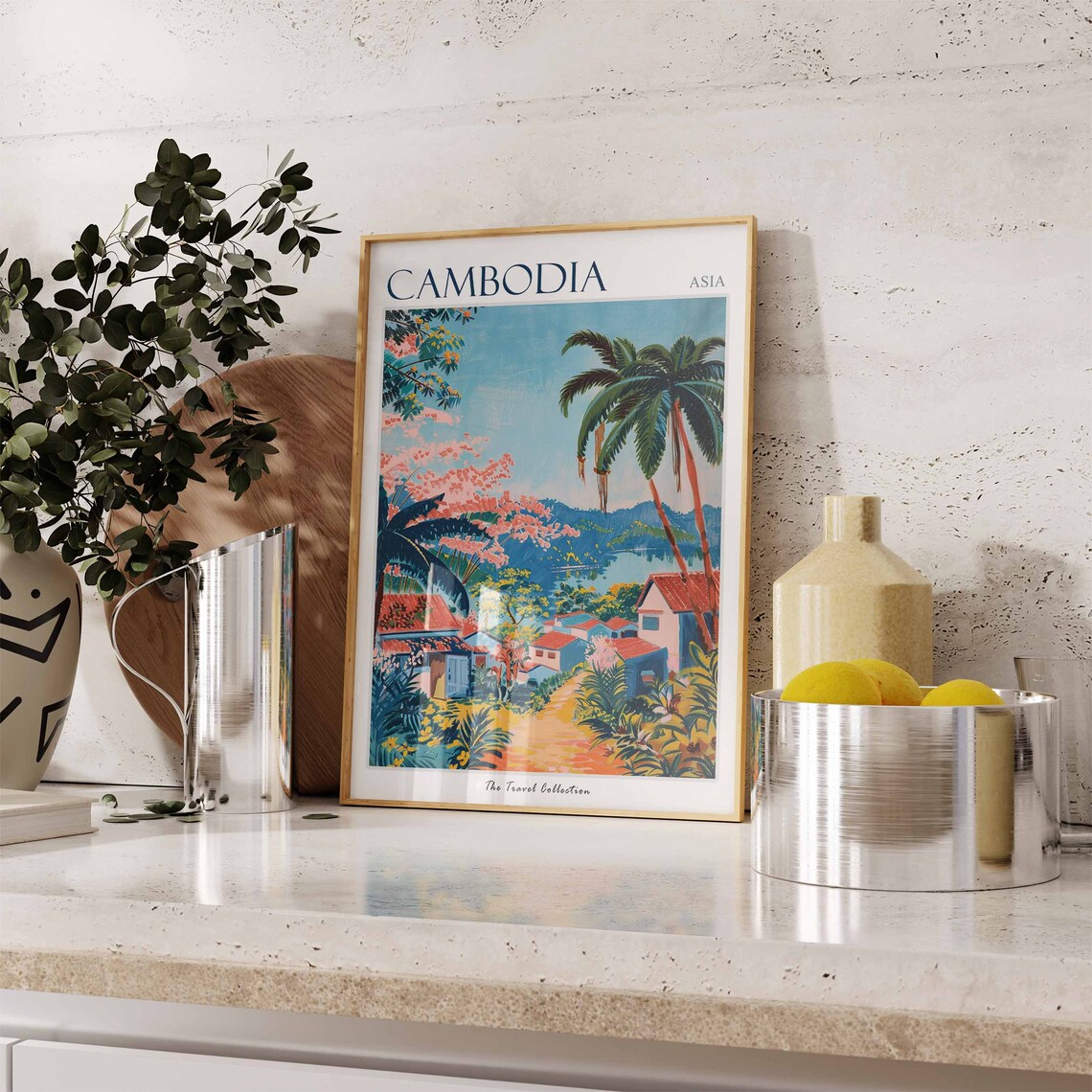 Cambodia Asia Coastal Village Palms River View Travel Poster - Image 3