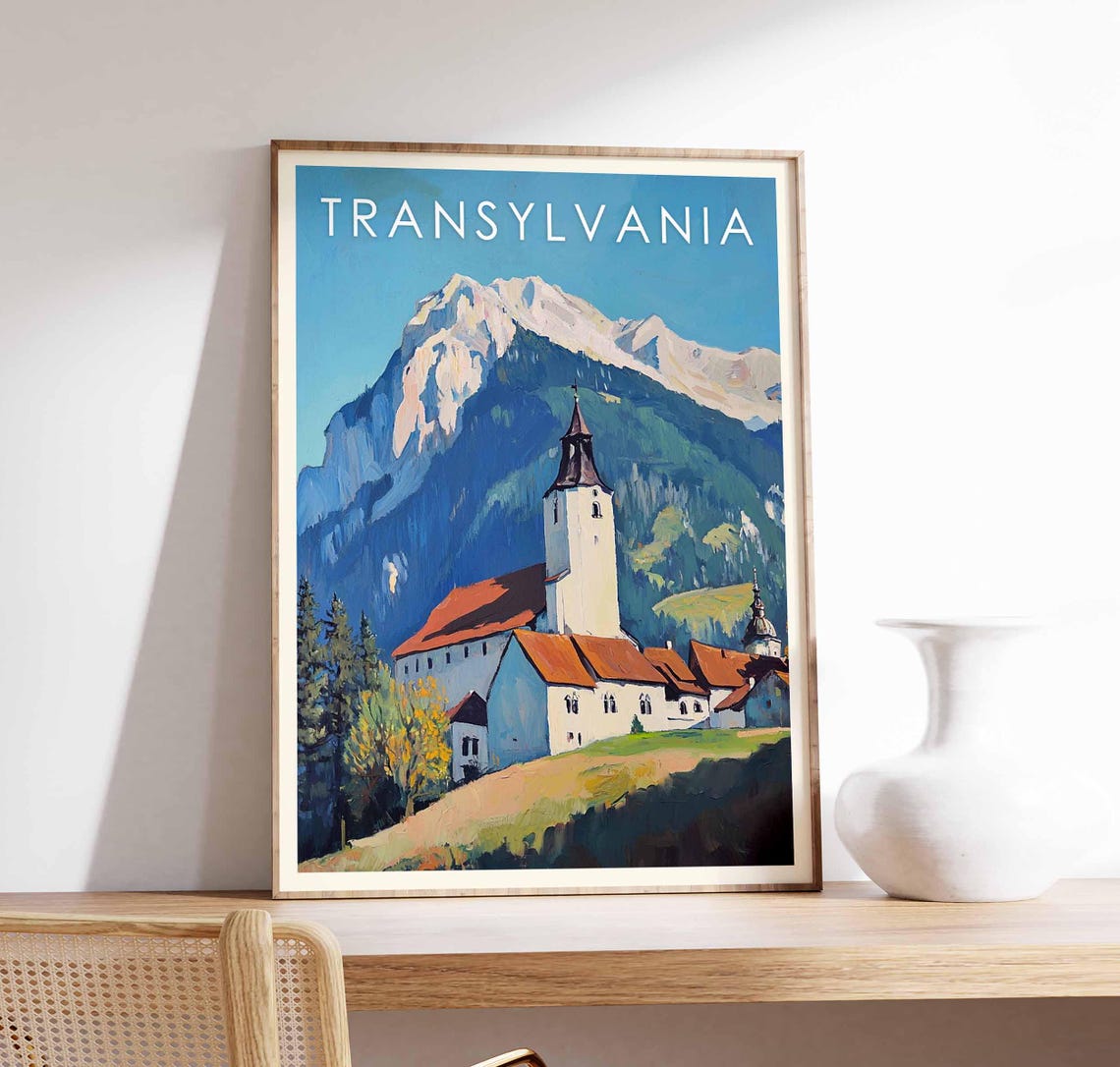 Transylvania Romania Alpine Church Village Mountain Peaks Poster