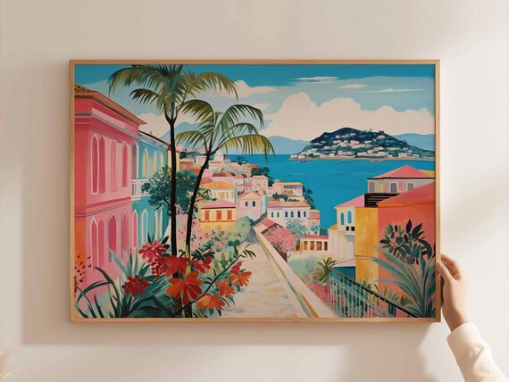 Colombia Colorful Coastal Town Pastel Houses Bay Island Travel Poster