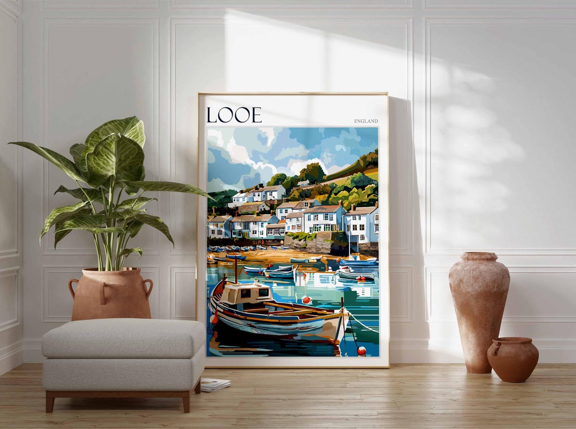 Looe England Fishing Boat Closeup Whitewashed Cottages Harbor Poster - Image 3