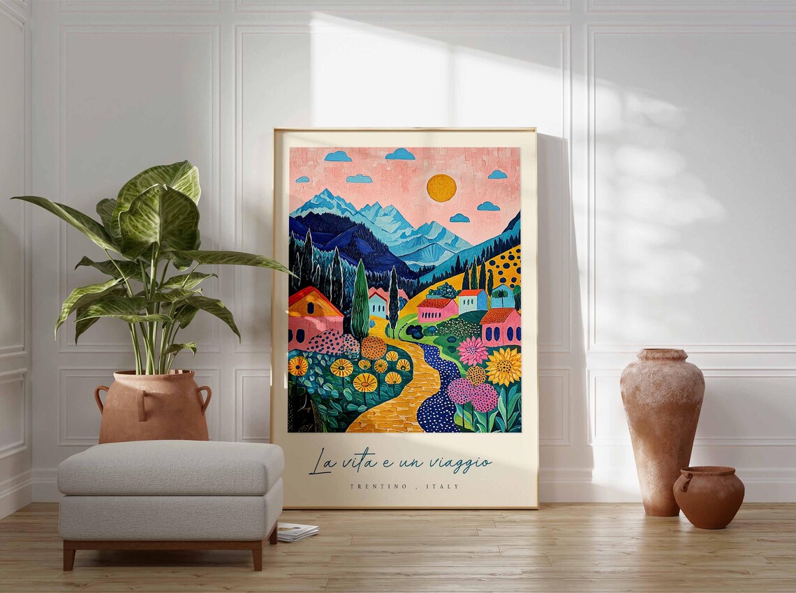 Trentino Italy Folk Art Village Painting Sunflowers Mountains Poster - Image 3