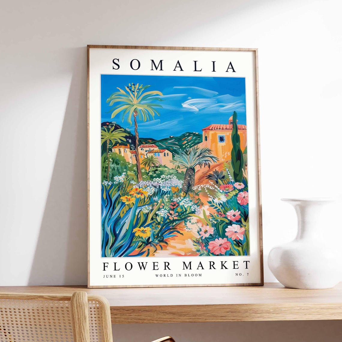 Somalia Sunlit Hillside Town Palms Wildflower Garden View Poster