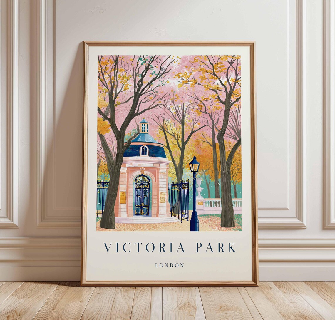 Victoria Park London Gatehouse Autumn Trees Vintage Travel Poster