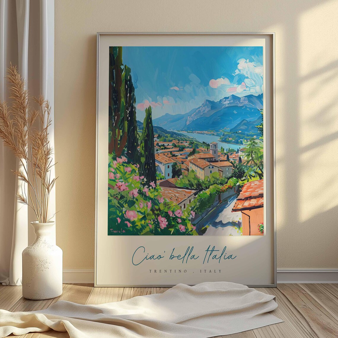 Trentino Italy Lakeside Village Painting Cypress Pink Flowers Poster - Image 2