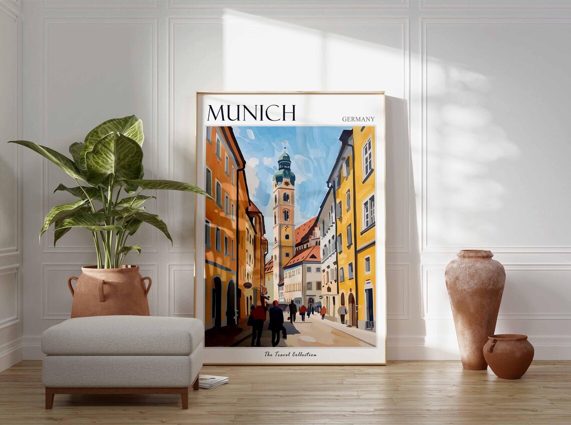Munich Germany Old Town Alley Church Spire Colorful Art Poster - Image 3