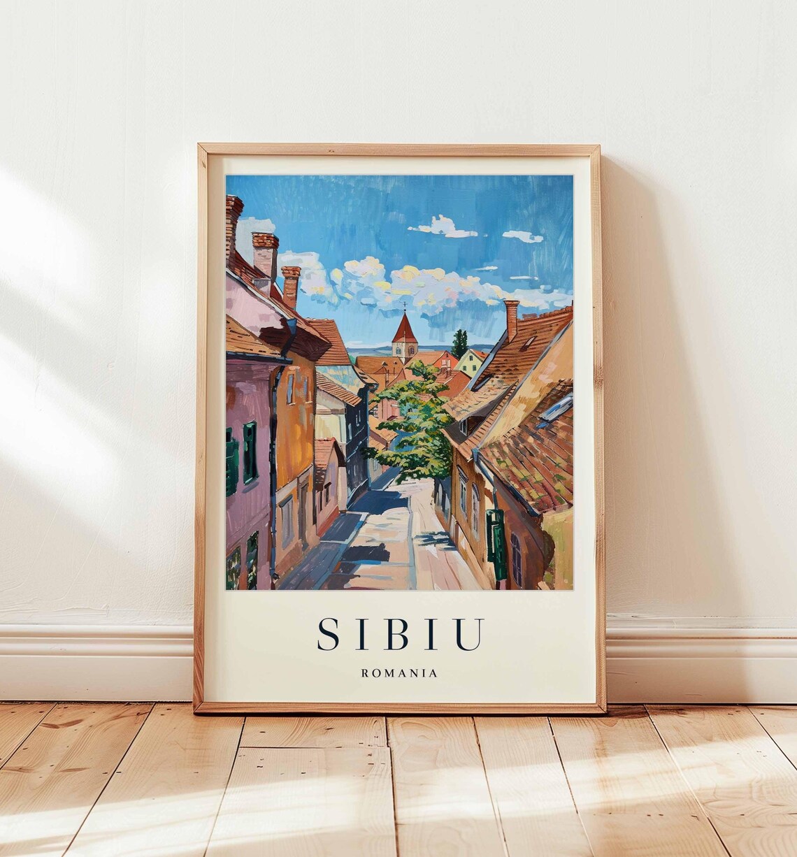 Sibiu Romania Old Town Street Church Spire Painterly Art Poster