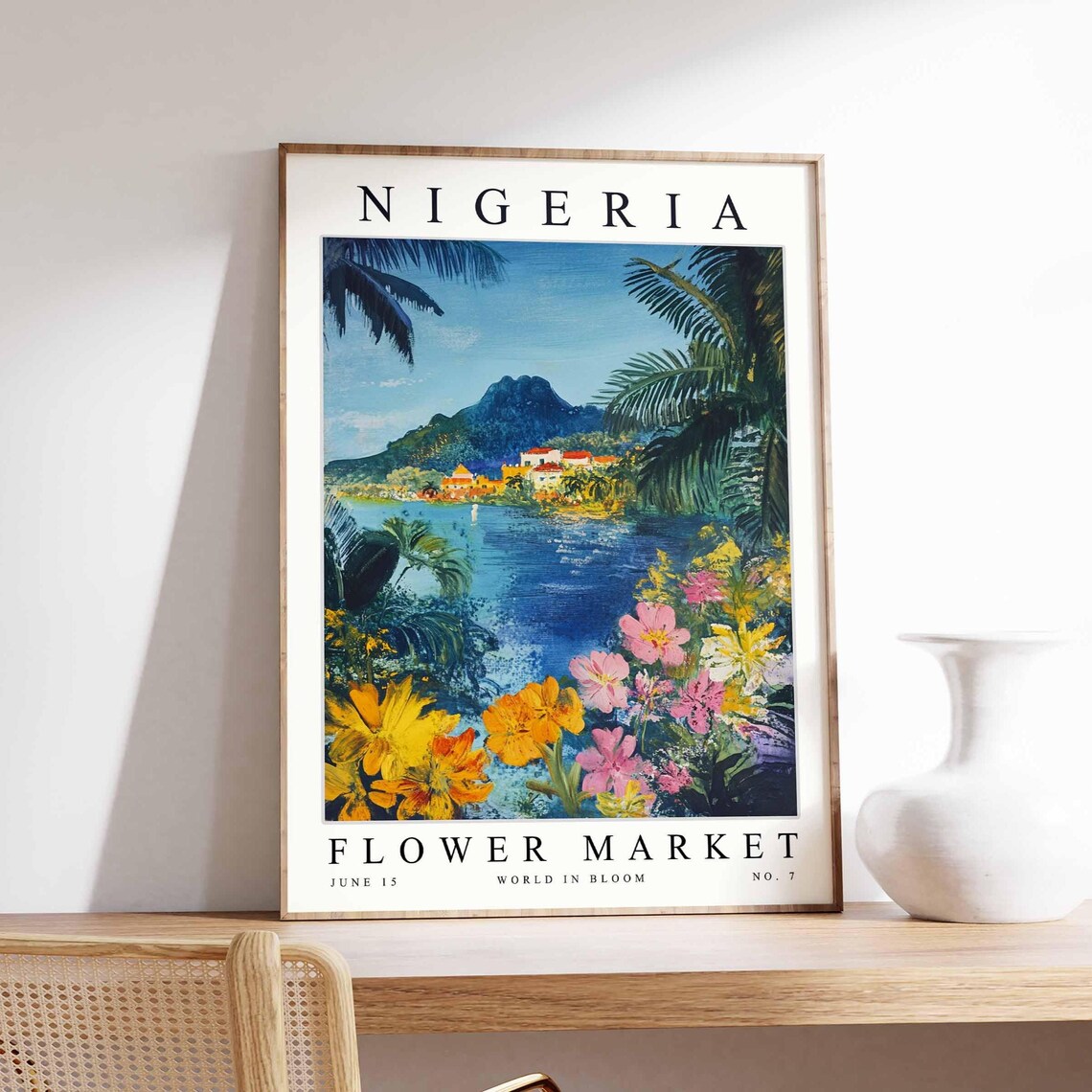 Nigeria Flower Market Tropical Pond Palm Flower Garden Poster