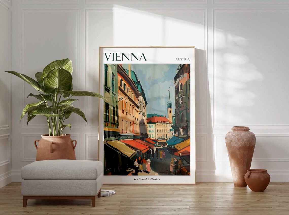 Vienna Austria Travel Poster Old Street Market Colorful Awnings Art - Image 3