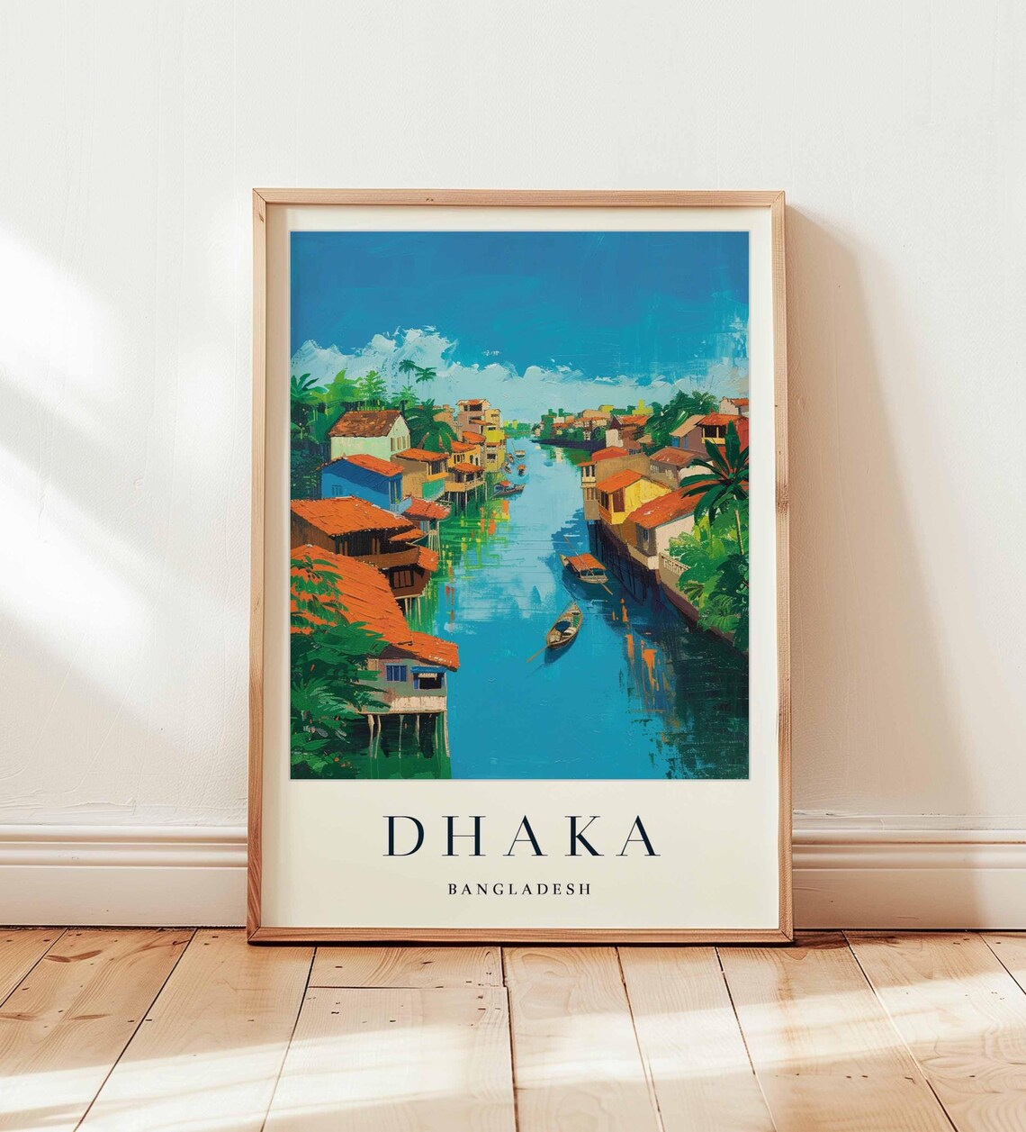 Dhaka Bangladesh River Stilt Houses Boats Scenic Vintage Art Poster