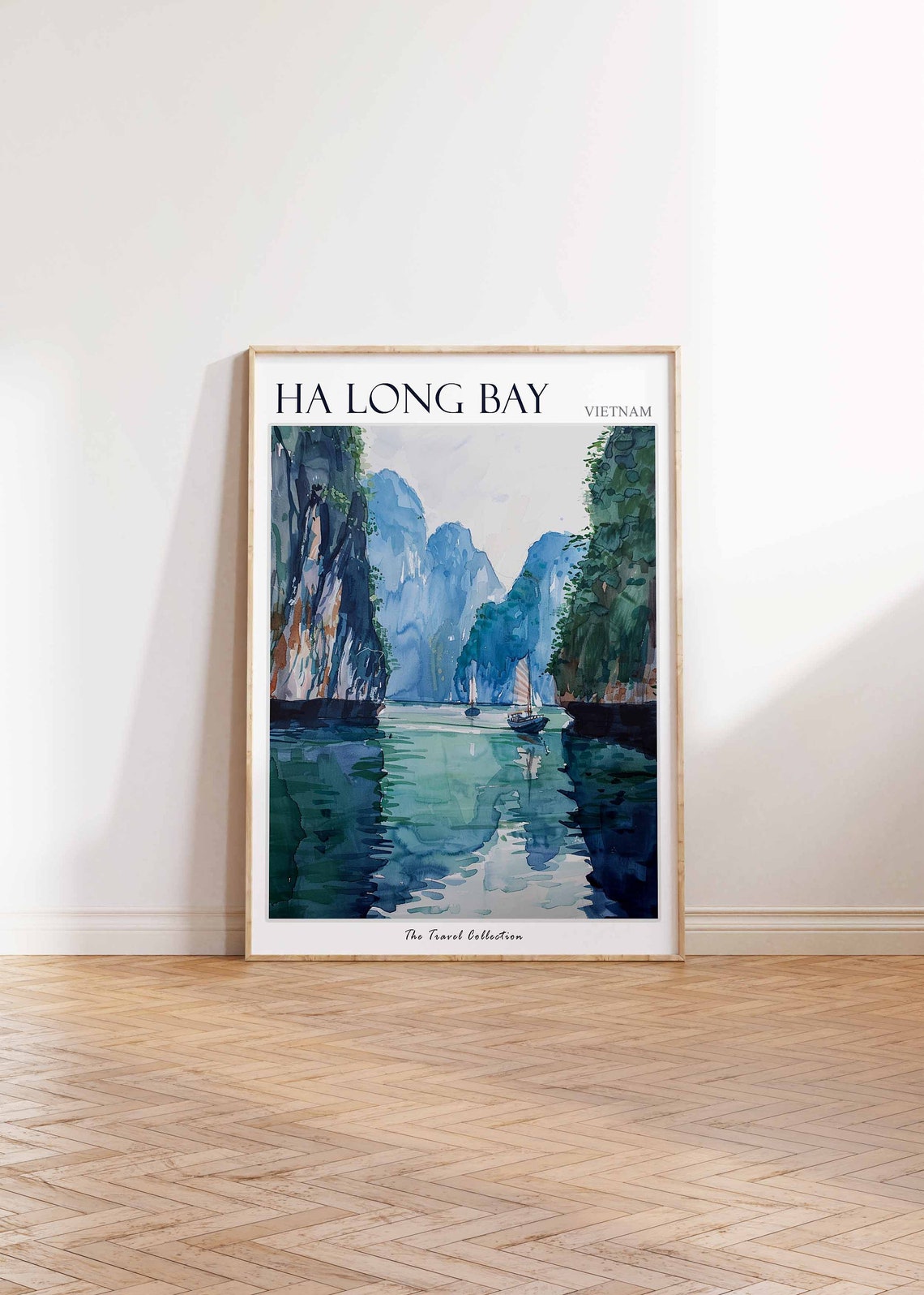 Ha Long Bay Vietnam Watercolor Limestone Karsts Boat Scene Poster - Image 2