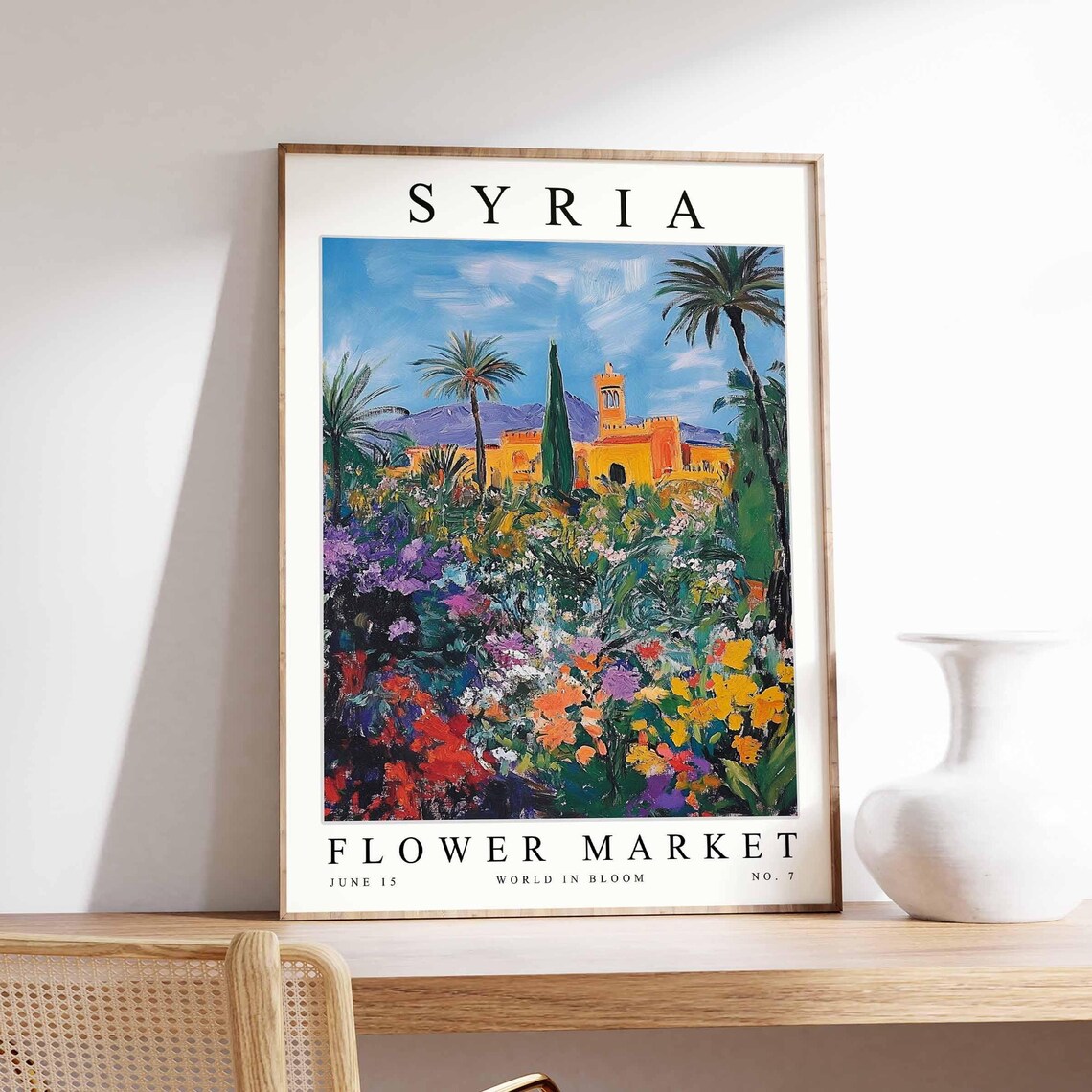 Syria Orange Hill Town Cypress Garden Colorful Blooms Art Poster